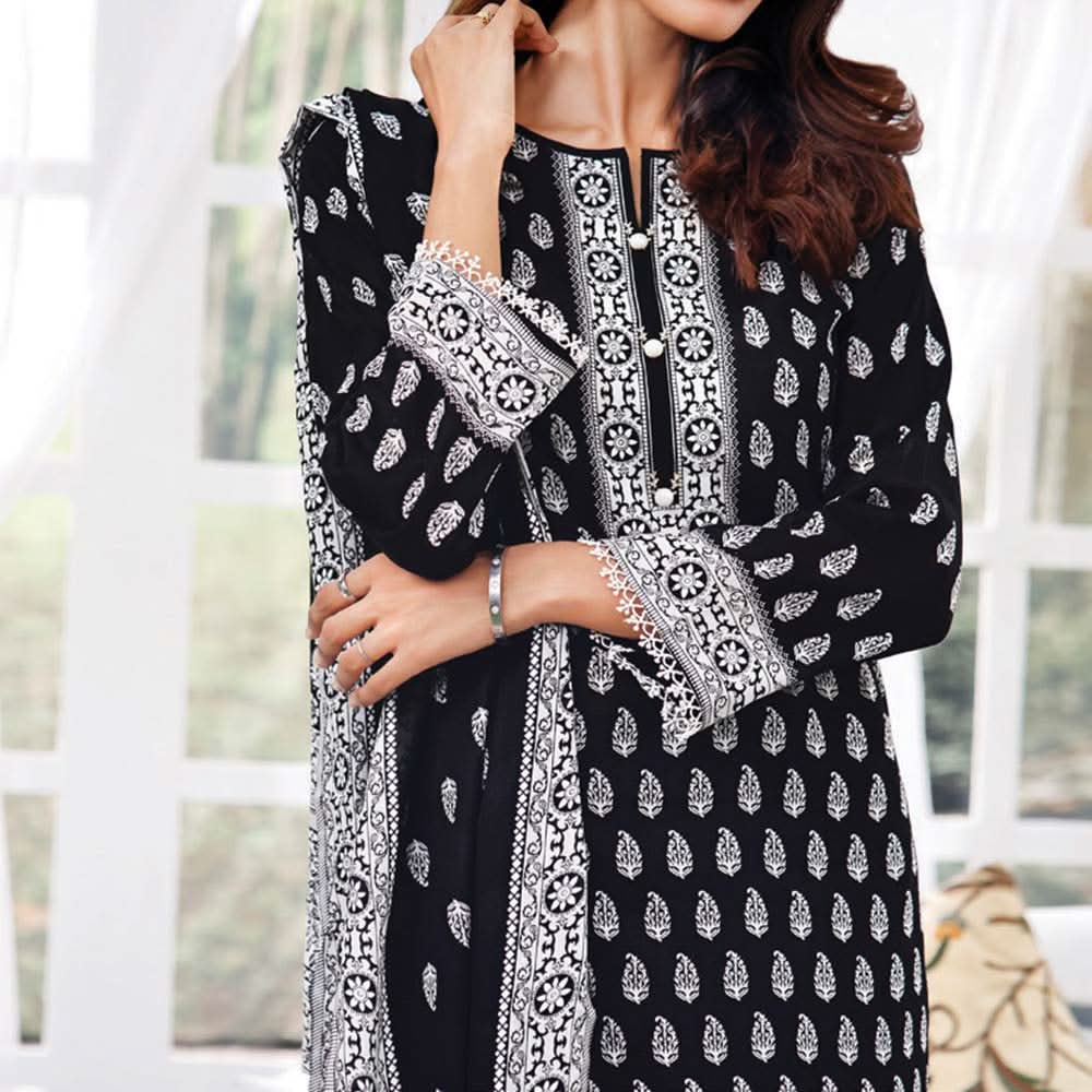 Daman Printed Lawn Black & White Lawn Collection 3 Pcs Un-Stitched Suit - 1, Women, 3Pcs Shalwar Suit, VS Textiles, Chase Value