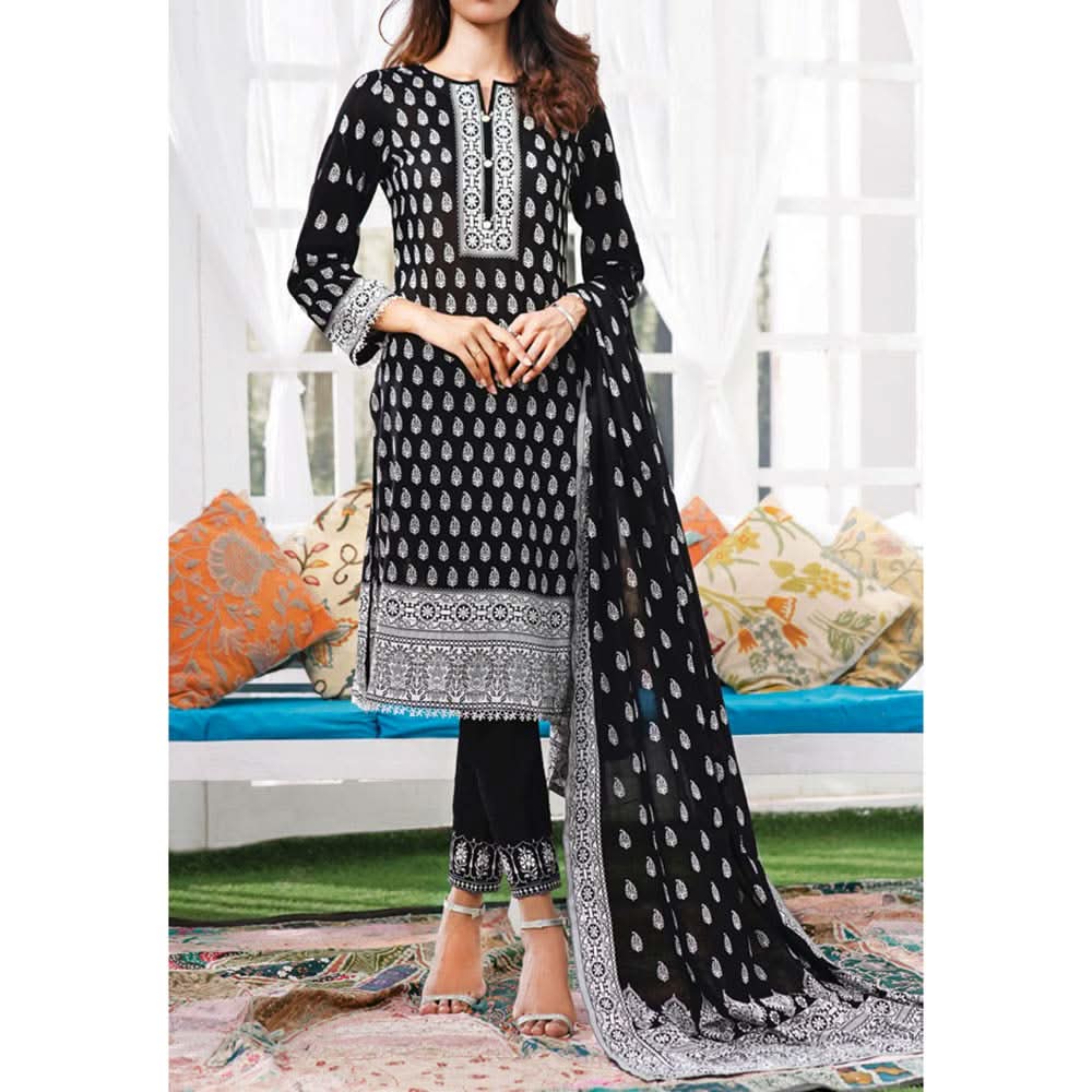 Daman Printed Lawn Black & White Lawn Collection 3 Pcs Un-Stitched Suit - 1, Women, 3Pcs Shalwar Suit, VS Textiles, Chase Value