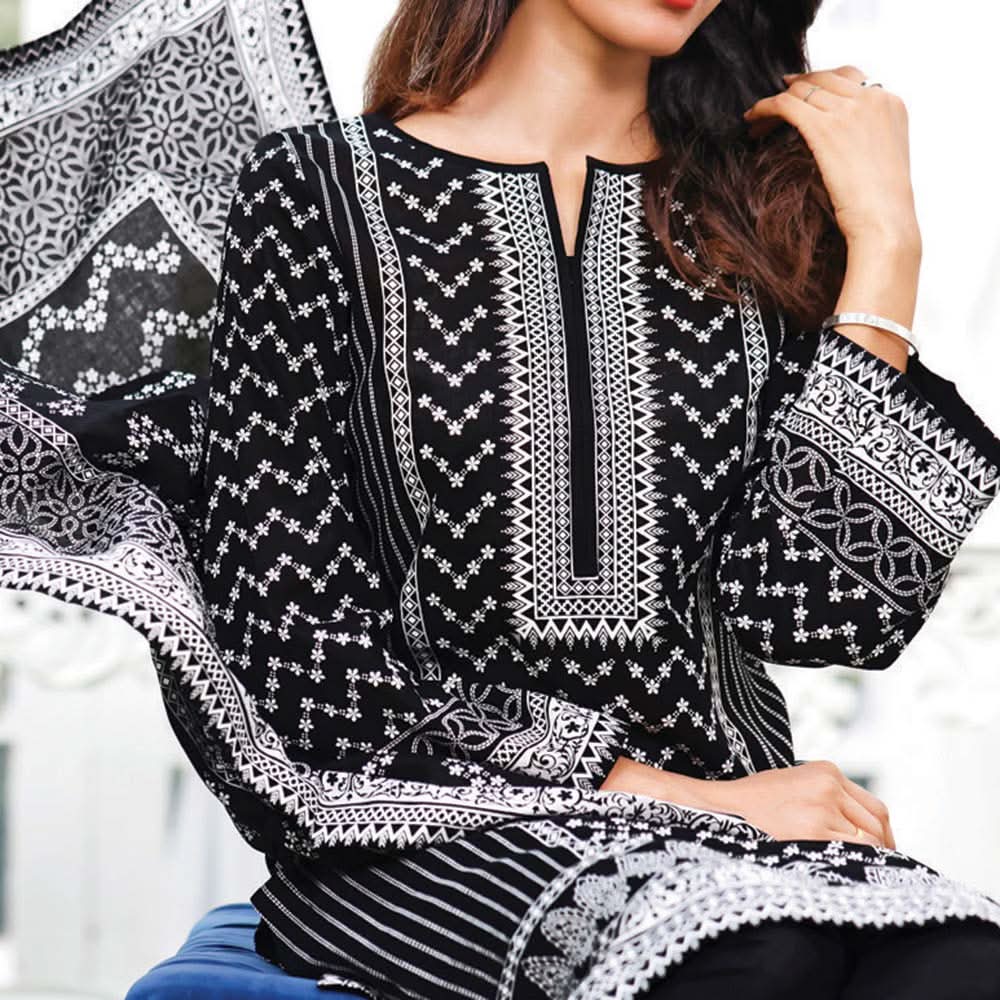 Daman Printed Lawn Black & White Lawn Collection 3 Pcs Un-Stitched Suit - 2, Women, 3Pcs Shalwar Suit, VS Textiles, Chase Value