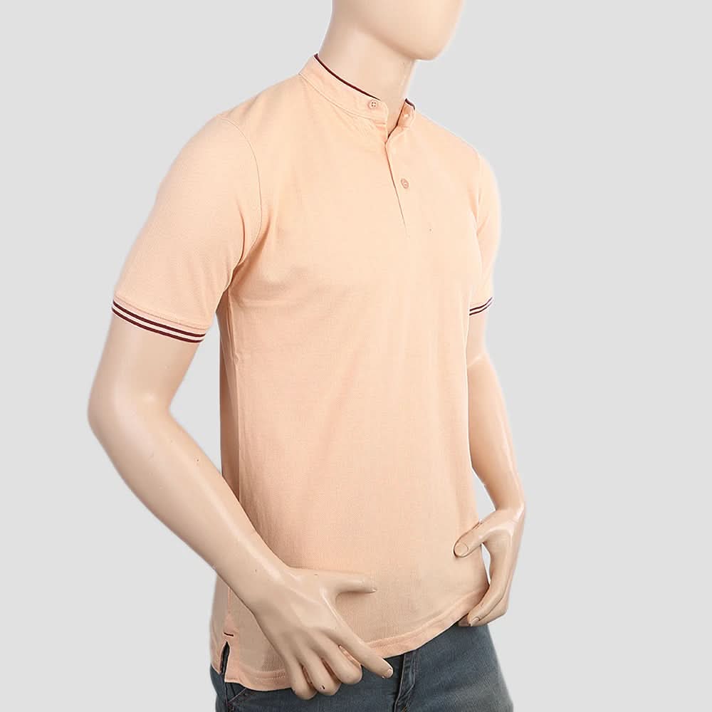 Men's Pique Band Collar Polo T-Shirt - Peach, Men, T-Shirts And Polos, Chase Value, Chase Value