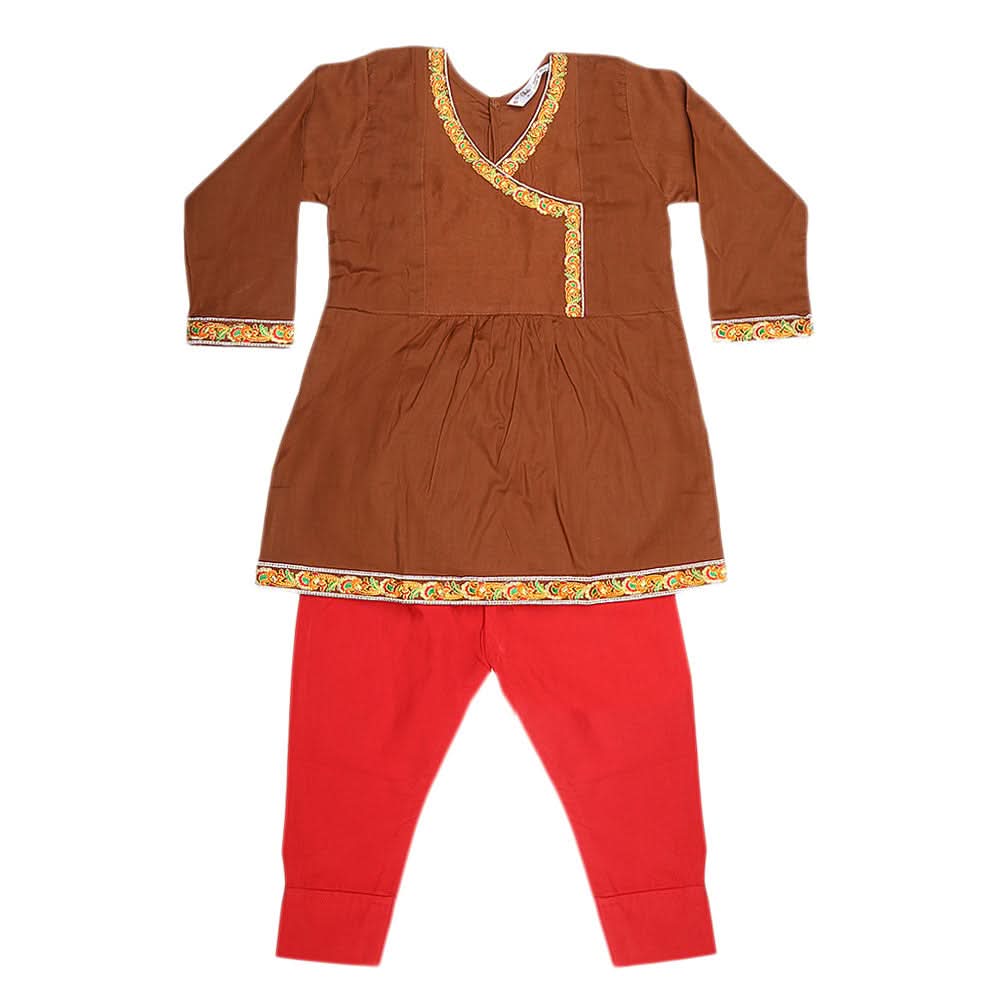 Girls Embroidered 2 Piece Suit - Brown, Kids, Girls Sets And Suits, Chase Value, Chase Value