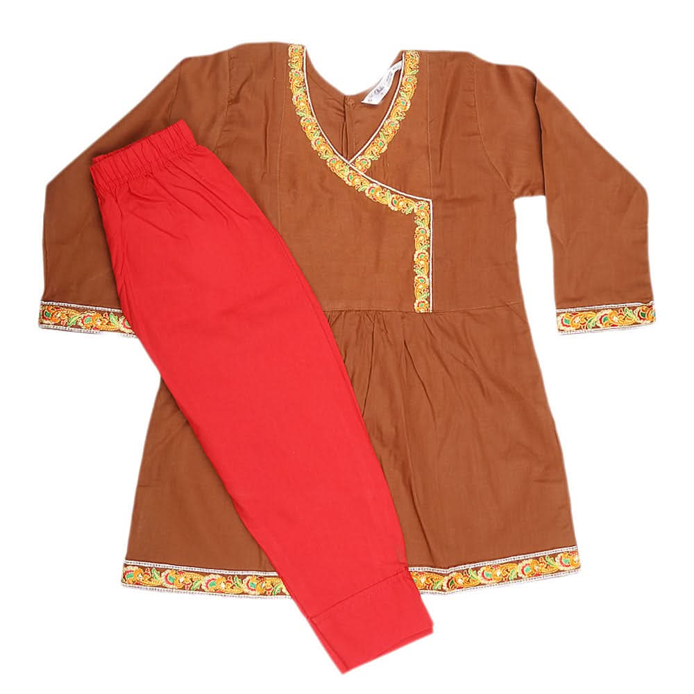 Girls Embroidered 2 Piece Suit - Brown, Kids, Girls Sets And Suits, Chase Value, Chase Value