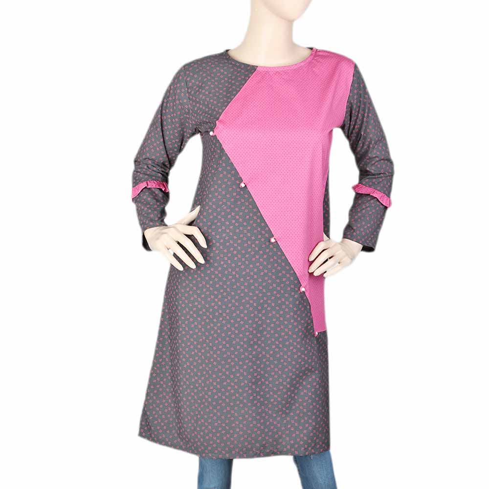 Women's Cotton Kurti - Dark Grey & Pink, Women, Ready Kurtis, Chase Value, Chase Value