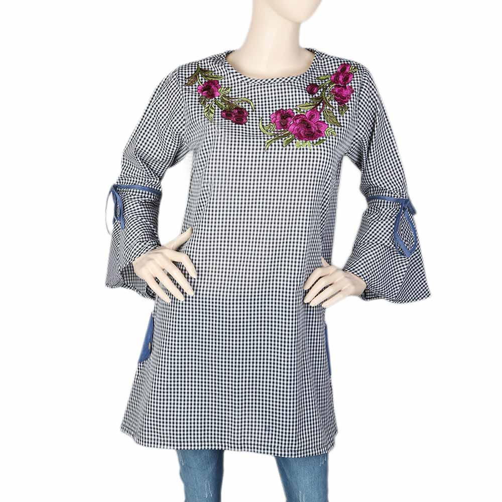 Women's Embroidered Check Top - Black & White, Women, T-Shirts And Tops, Chase Value, Chase Value