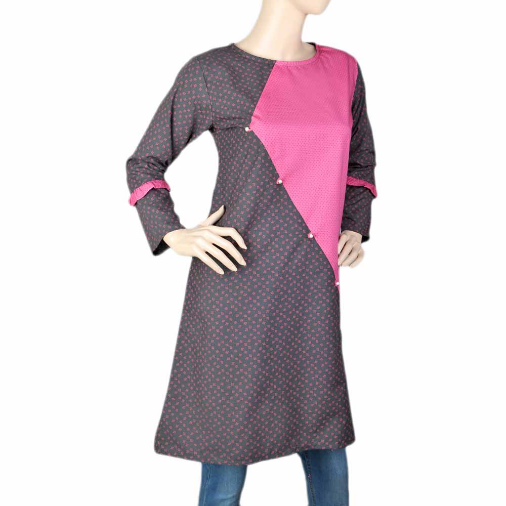 Women's Cotton Kurti - Dark Grey & Pink, Women, Ready Kurtis, Chase Value, Chase Value