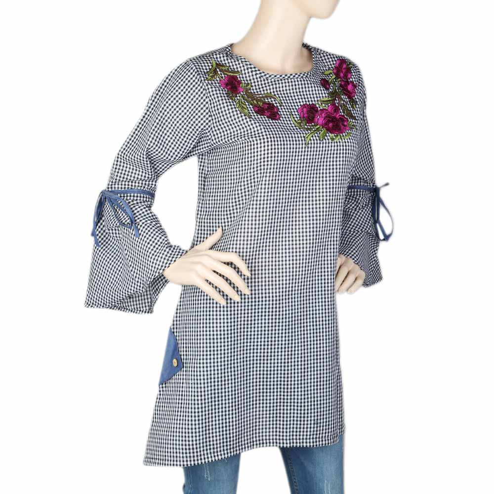 Women's Embroidered Check Top - Black & White, Women, T-Shirts And Tops, Chase Value, Chase Value