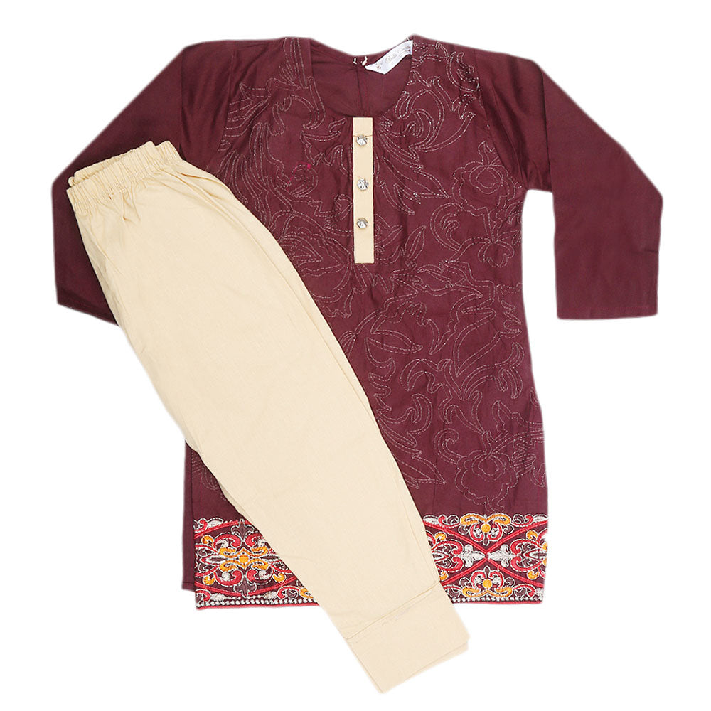Girls Embroidered 2 Piece Suit - Maroon, Kids, Girls Sets And Suits, Chase Value, Chase Value