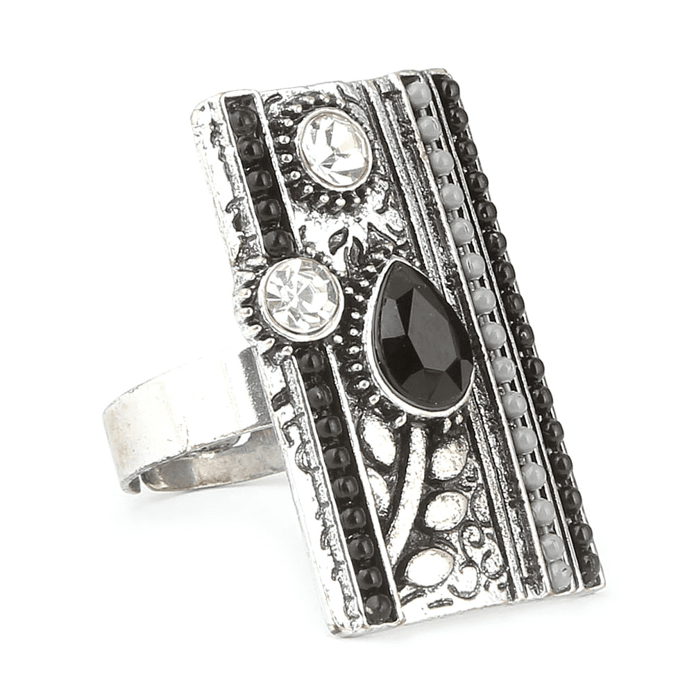 Women's Fancy Stone Ring - Silver - Black - test-store-for-chase-value
