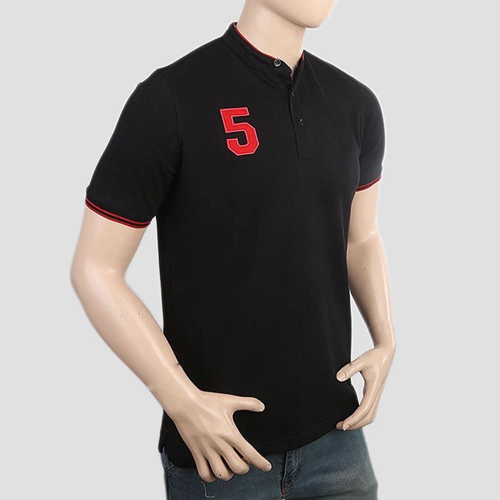 Men's Pique Band Collar Polo T-Shirt - Black, Men, T-Shirts And Polos, Chase Value, Chase Value