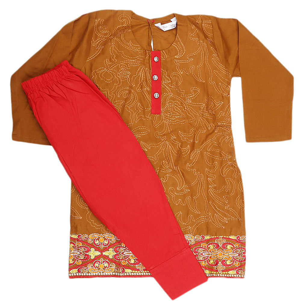 Girls Embroidered 2 Piece Suit - Brown, Kids, Girls Sets And Suits, Chase Value, Chase Value
