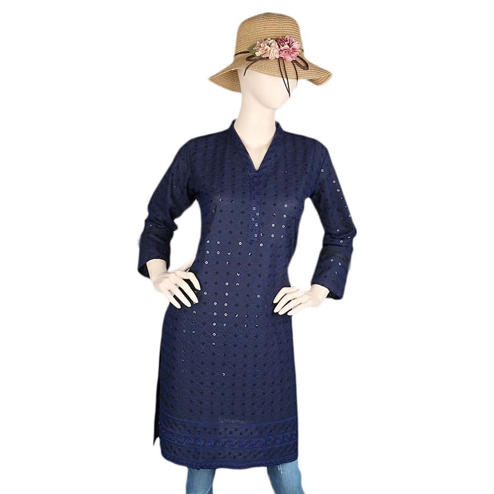 Women's Fancy Chikan Kurti - Navy Blue, Women's Fashion, Chase Value, Chase Value