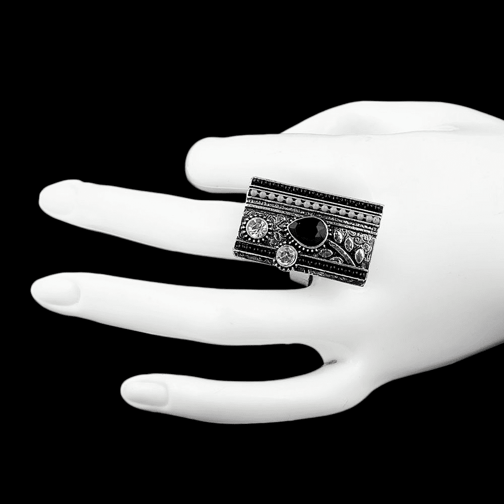 Women's Fancy Stone Ring - Silver - Black - test-store-for-chase-value