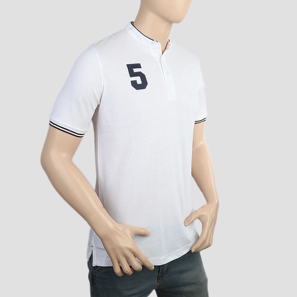 Men's Pique Band Collar Polo T-Shirt - White, Men, T-Shirts And Polos, Chase Value, Chase Value