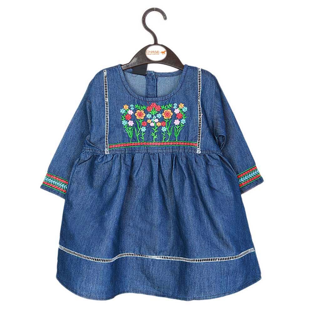 Girls Embroidered Denim Frock - Blue, Kids, Girls Kurti, Chase Value, Chase Value