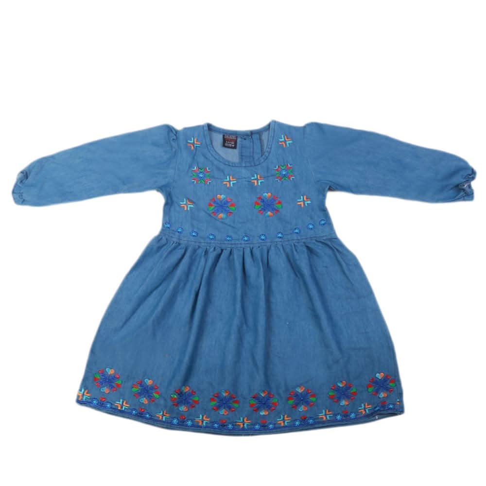 Girls Embroidered Denim Frock - Blue, Kids, Girls Kurti, Chase Value, Chase Value
