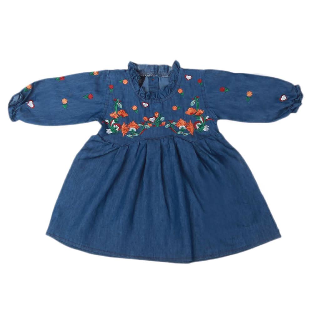 Girls Embroidered Denim Frock - Blue, Kids, Girls Kurti, Chase Value, Chase Value