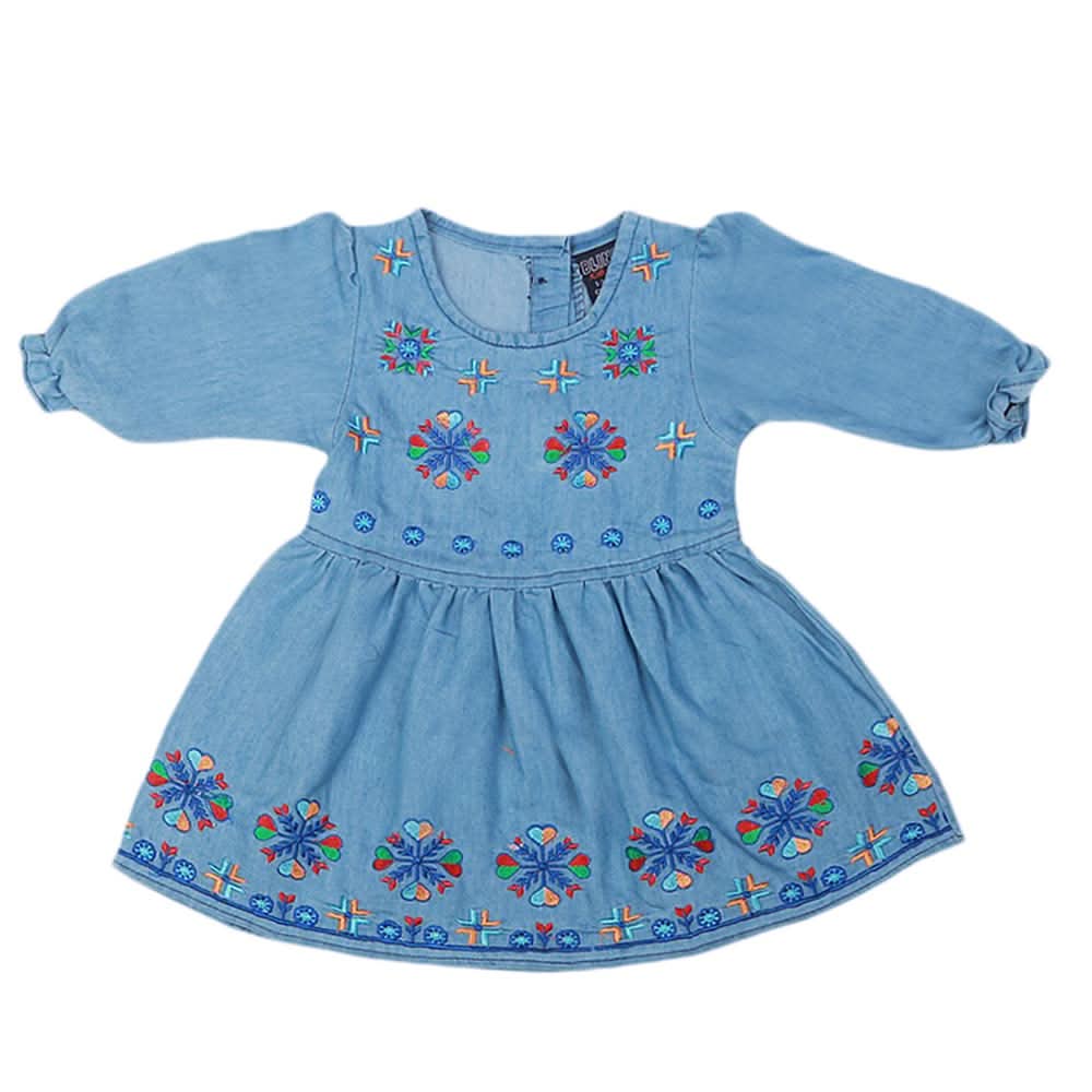 Girls Embroidered Denim Frock - Blue, Kids, Girls Kurti, Chase Value, Chase Value