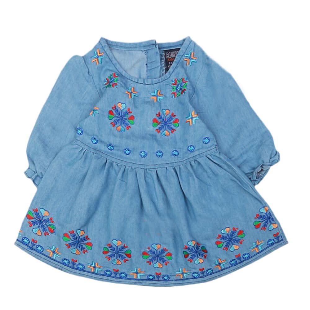 Girls Embroidered Denim Frock - Blue, Kids, Girls Kurti, Chase Value, Chase Value