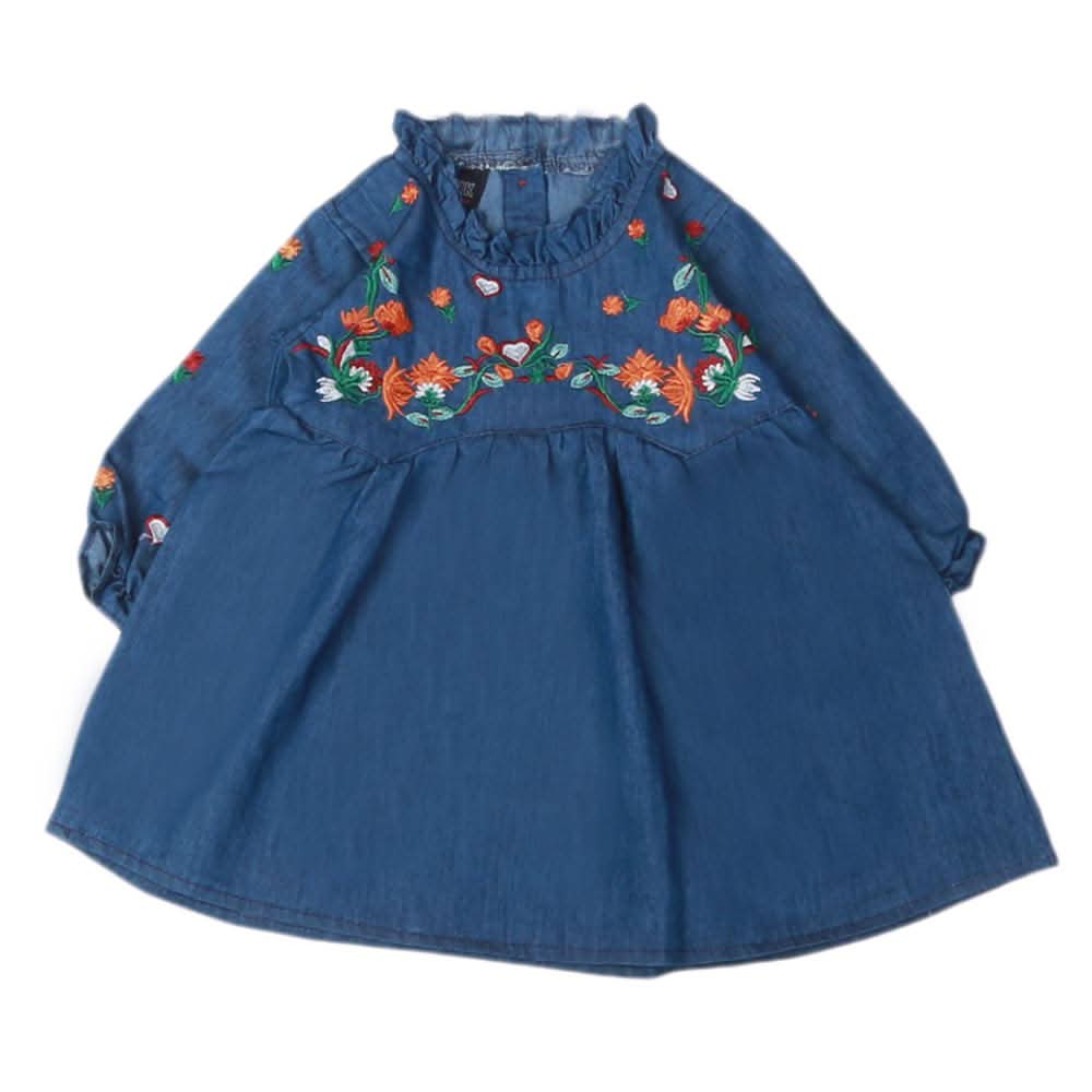 Girls Embroidered Denim Frock - Blue, Kids, Girls Kurti, Chase Value, Chase Value