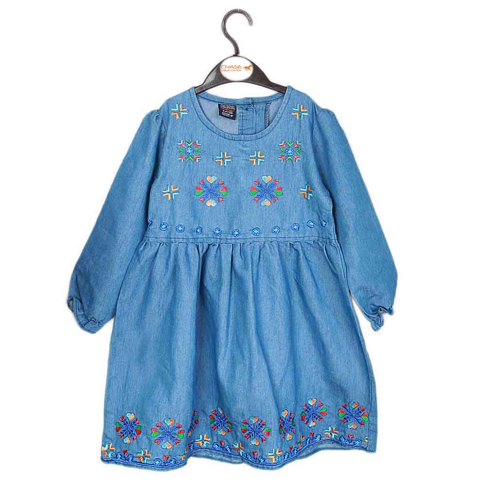 Girls Embroidered Denim Frock - Blue, Kids, Girls Kurti, Chase Value, Chase Value