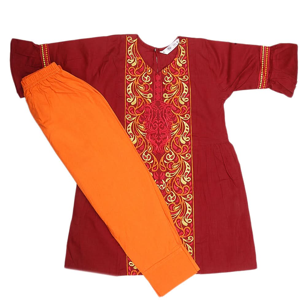 Girls Embroidered 2 Piece Suit - Maroon, Kids, Girls Sets And Suits, Chase Value, Chase Value