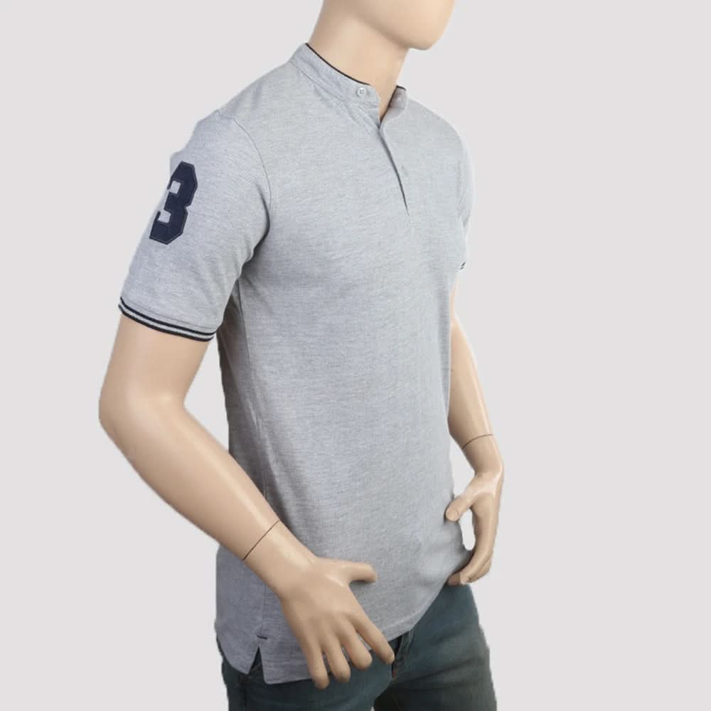 Men's Pique Band Collar Polo T-Shirt - Grey, Men, T-Shirts And Polos, Chase Value, Chase Value