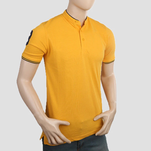 Men's Pique Band Collar Polo T-Shirt - Yellow, Men, T-Shirts And Polos, Chase Value, Chase Value