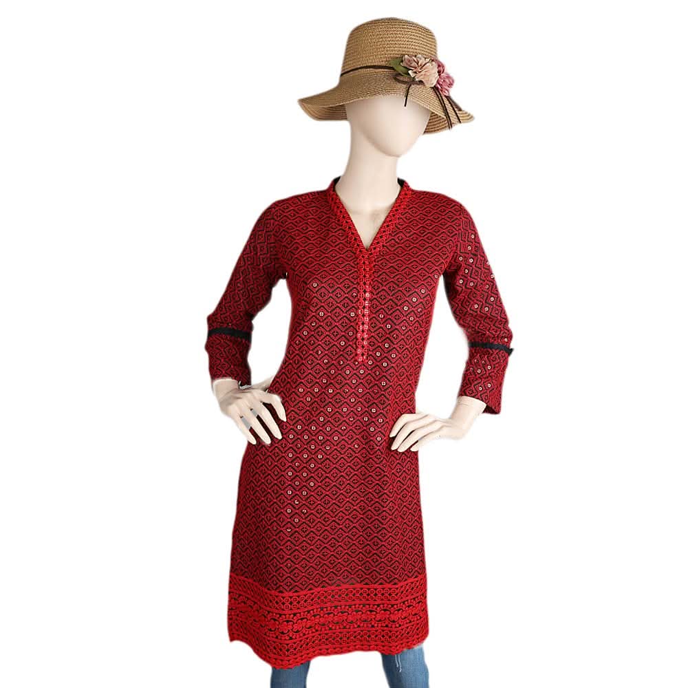 Women's Fancy Chikan Kurti - Red, Women's Fashion, Chase Value, Chase Value