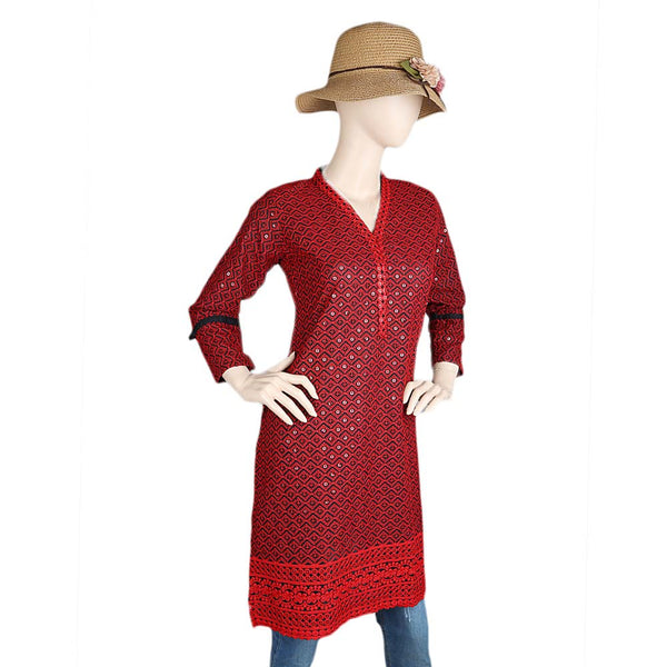Women's Fancy Chikan Kurti - Red, Women's Fashion, Chase Value, Chase Value