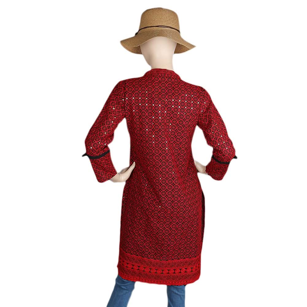 Women's Fancy Chikan Kurti - Red, Women, Ready Kurtis, Chase Value, Chase Value