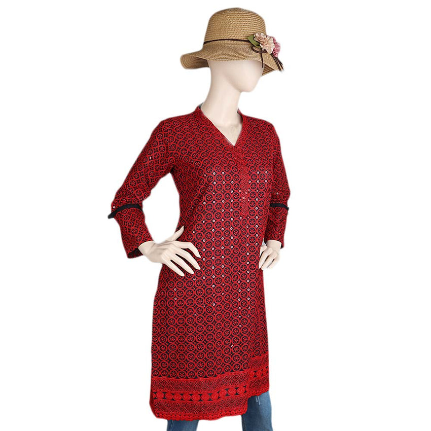 Women's Fancy Chikan Kurti - Red, Women, Ready Kurtis, Chase Value, Chase Value