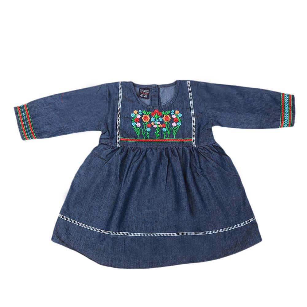 Girls Embroidered Denim Frock- Dark Blue, Kids, Girls Kurti, Chase Value, Chase Value