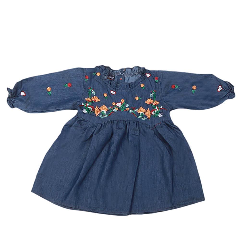 Girls Embroidered Denim Frock - Dark Blue, Kids, Girls Kurti, Chase Value, Chase Value