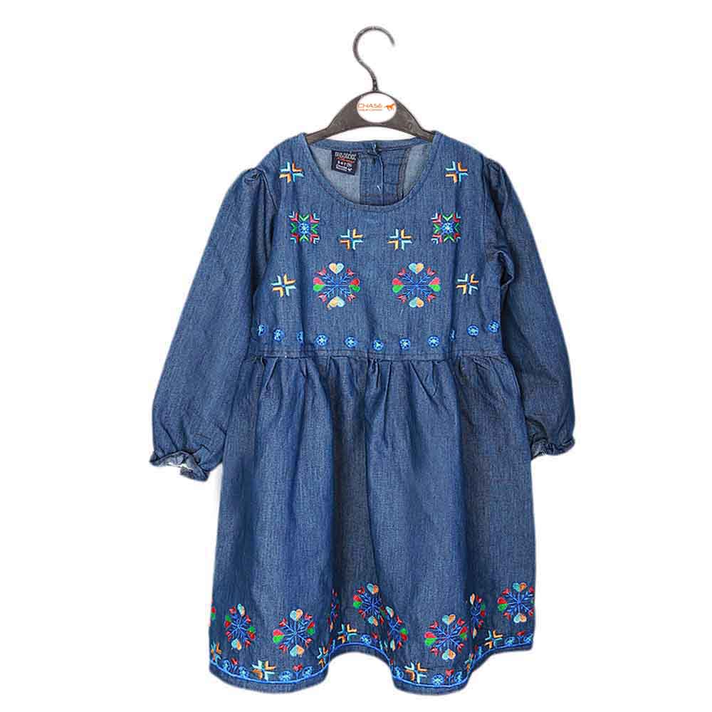 Girls Embroidered Denim Frock- Dark Blue, Kids, Girls Kurti, Chase Value, Chase Value