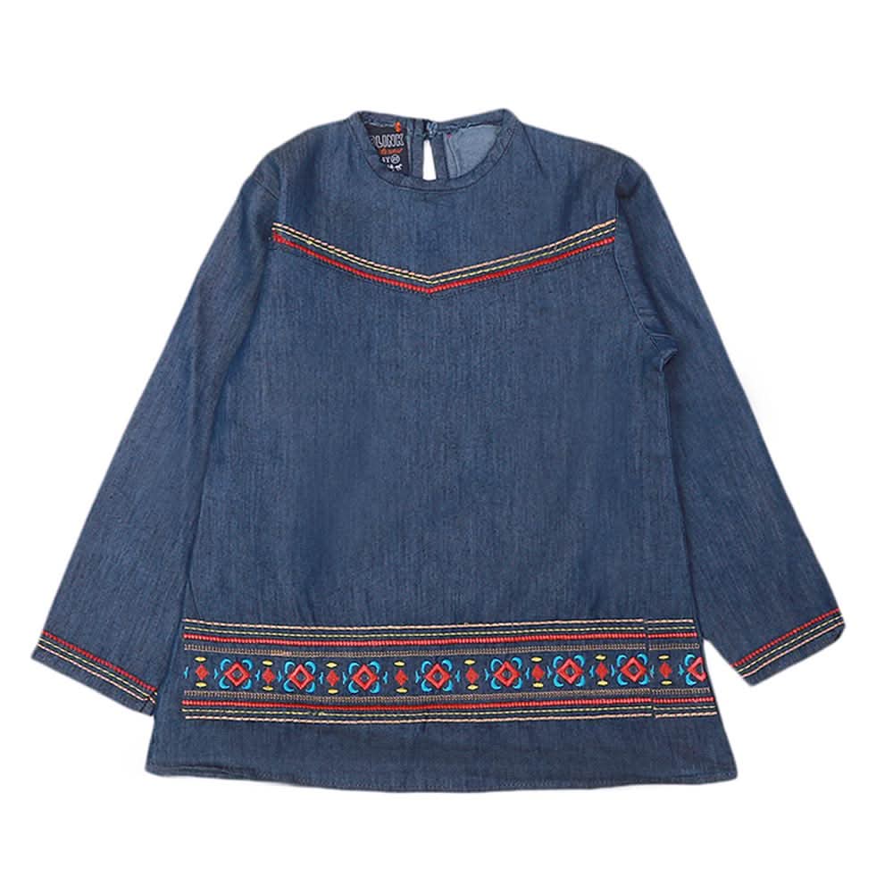 Girls Embroidered Denim Shirt - Dark Blue, Kids, Tops, Chase Value, Chase Value