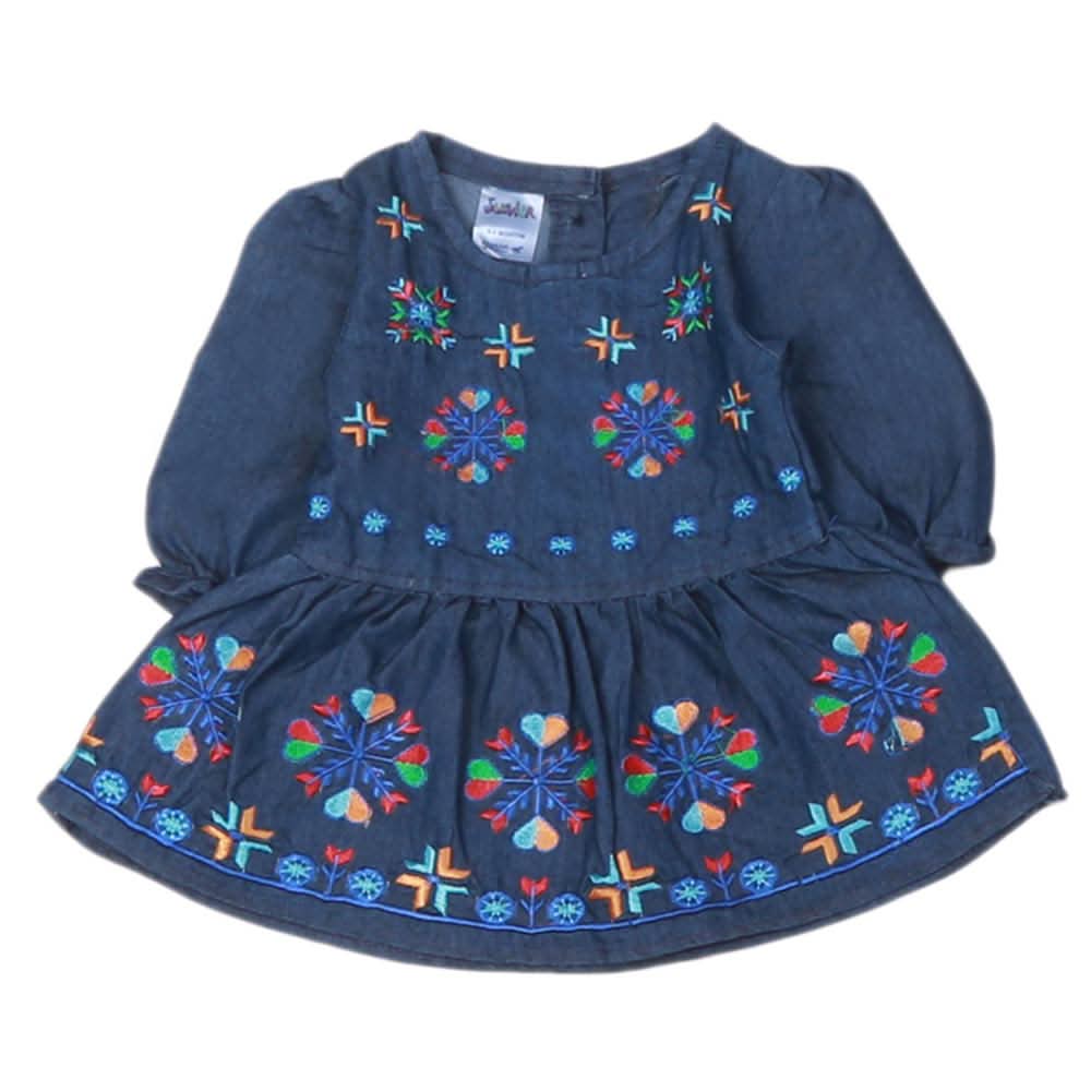 Newborn Girls Embroidered Denim Frock - Dark Blue, Kids, NB Girls Frocks, Chase Value, Chase Value
