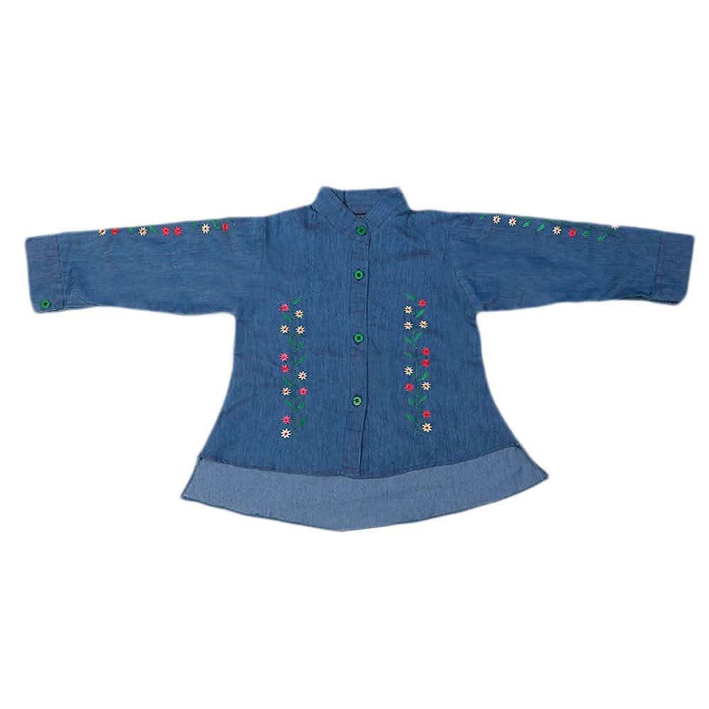 Girls Embroidered Denim Shirt - Dark Blue, Kids, Tops, Chase Value, Chase Value