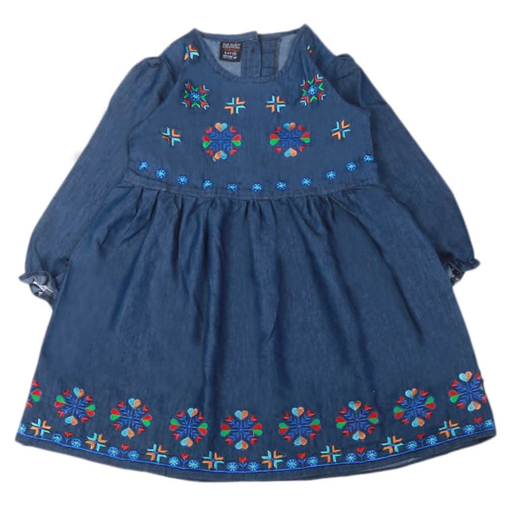 Girls Embroidered Denim Frock- Dark Blue, Kids, Girls Kurti, Chase Value, Chase Value