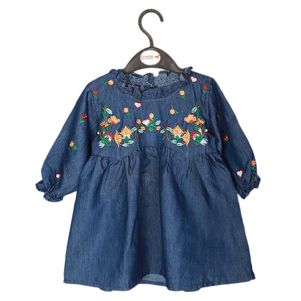 Girls Embroidered Denim Frock - Dark Blue, Kids, Girls Kurti, Chase Value, Chase Value