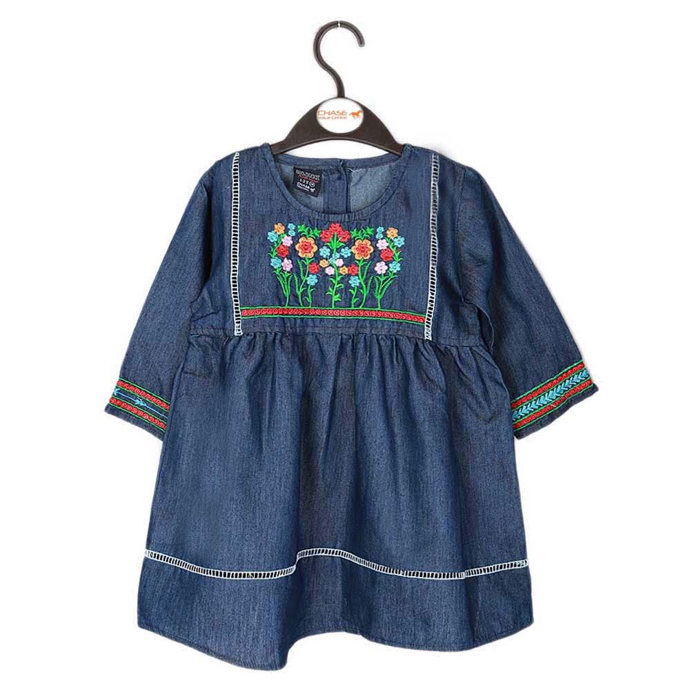 Girls Embroidered Denim Frock- Dark Blue, Kids, Girls Kurti, Chase Value, Chase Value