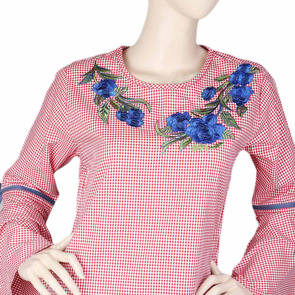 Women's Embroidered Check Top - Red, Women, T-Shirts And Tops, Chase Value, Chase Value