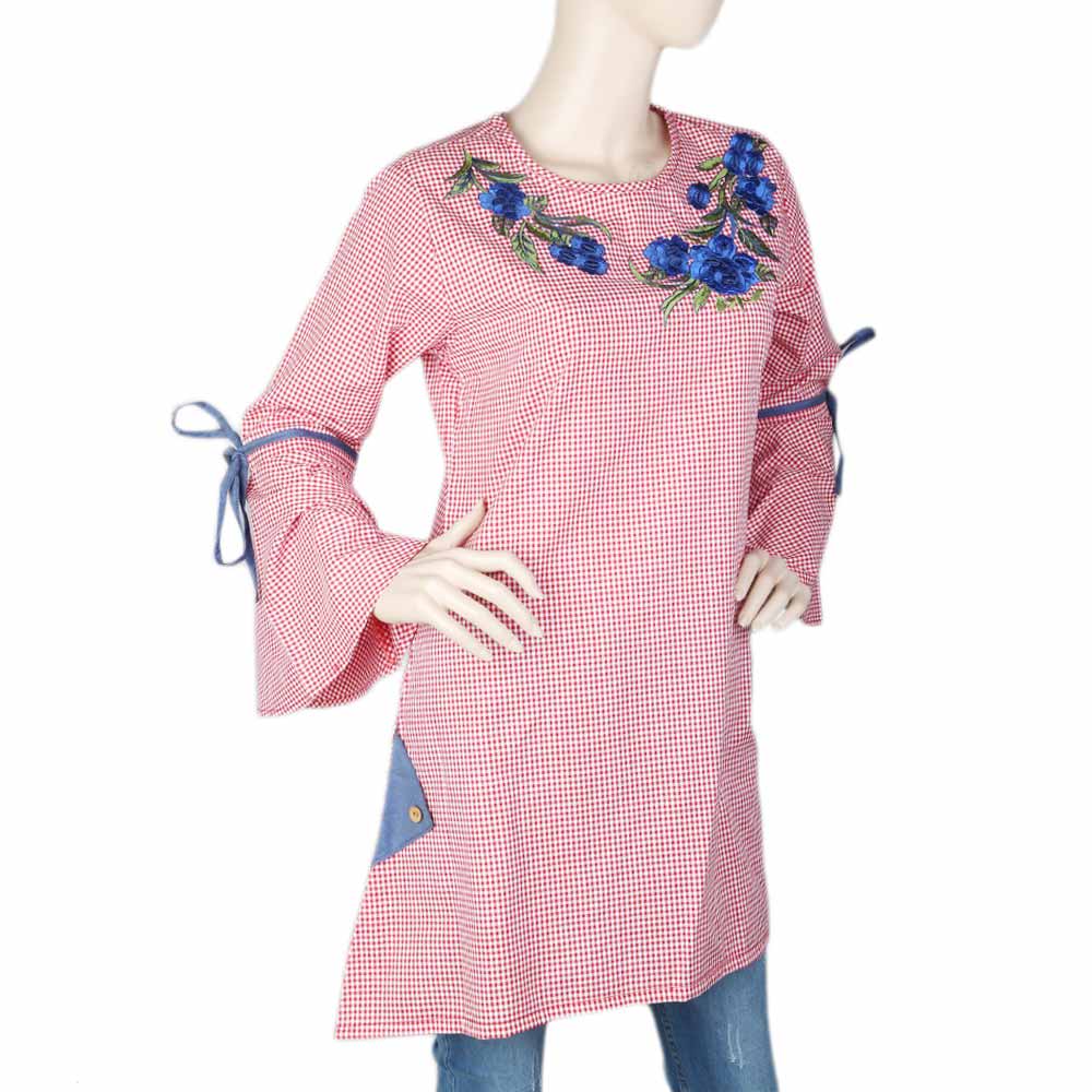 Women's Embroidered Check Top - Red, Women, T-Shirts And Tops, Chase Value, Chase Value
