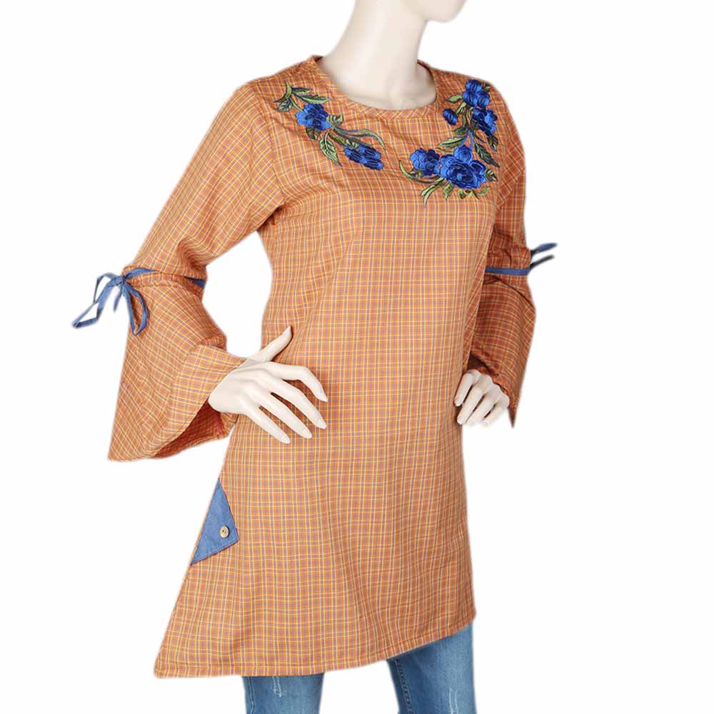 Women's Embroidered Check Top - Rust, Women, T-Shirts And Tops, Chase Value, Chase Value