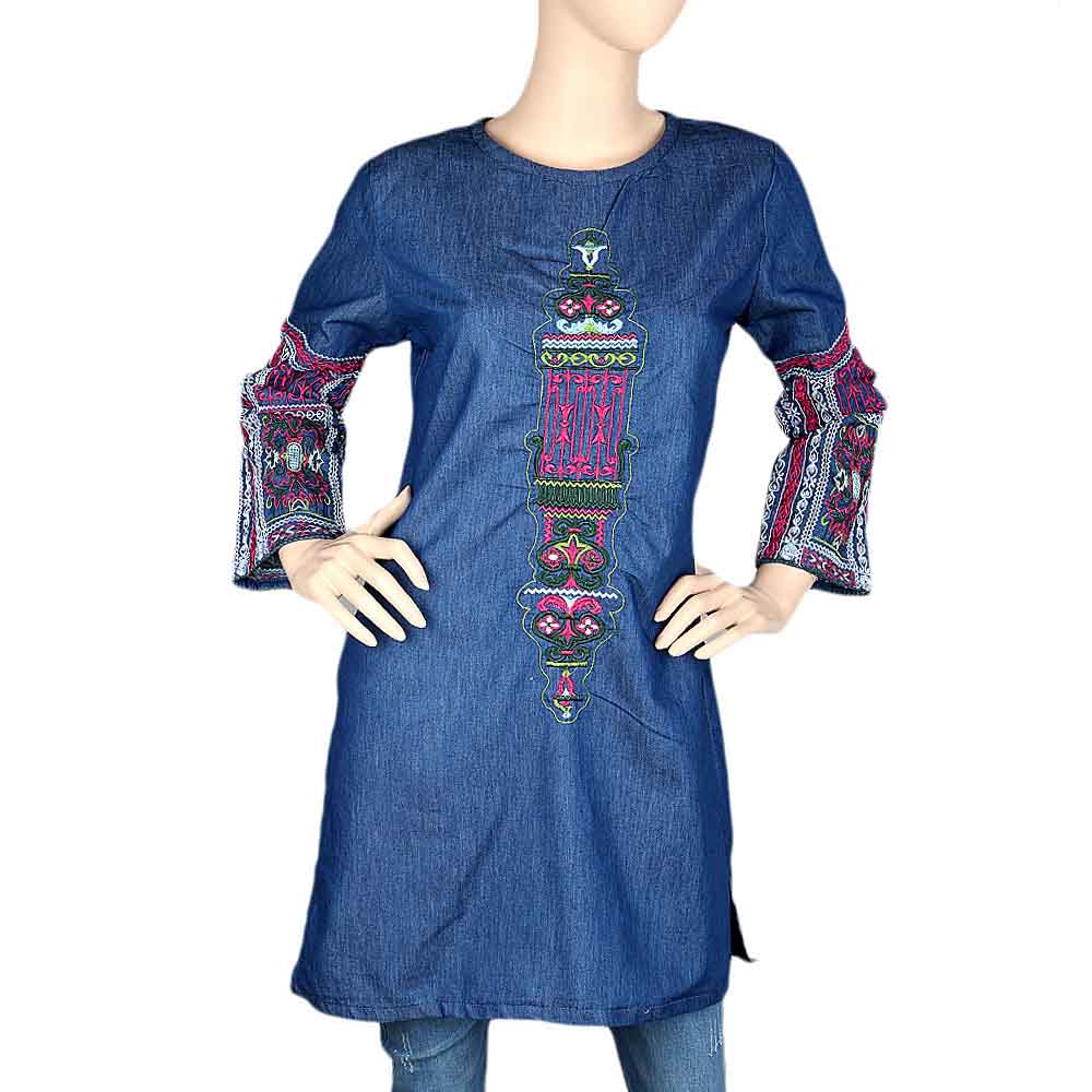 Women's Embroidered Denim Kurti - Blue, Women, Ready Kurtis, Chase Value, Chase Value
