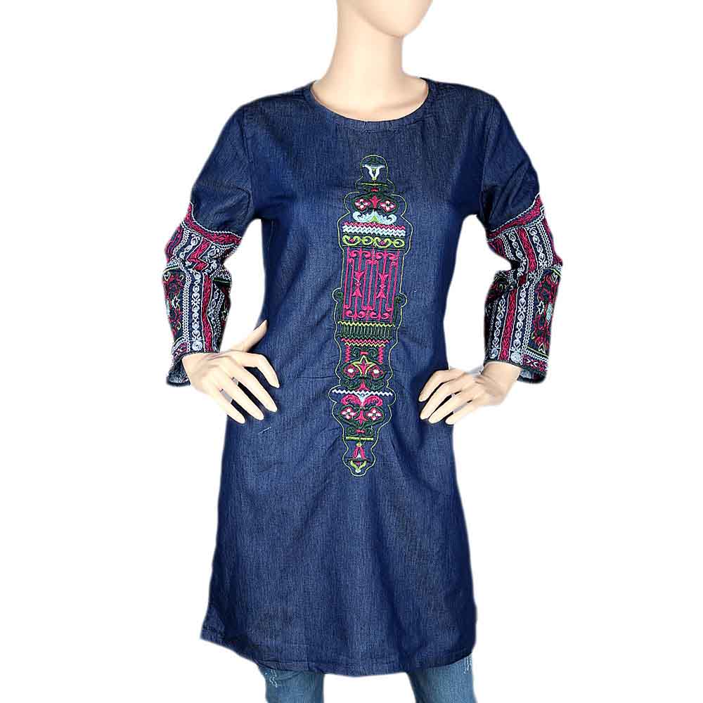Women's Embroidered Denim Kurti - Dark Blue, Women, Ready Kurtis, Chase Value, Chase Value