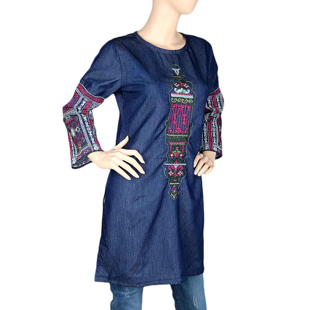 Women's Embroidered Denim Kurti - Dark Blue, Women, Ready Kurtis, Chase Value, Chase Value