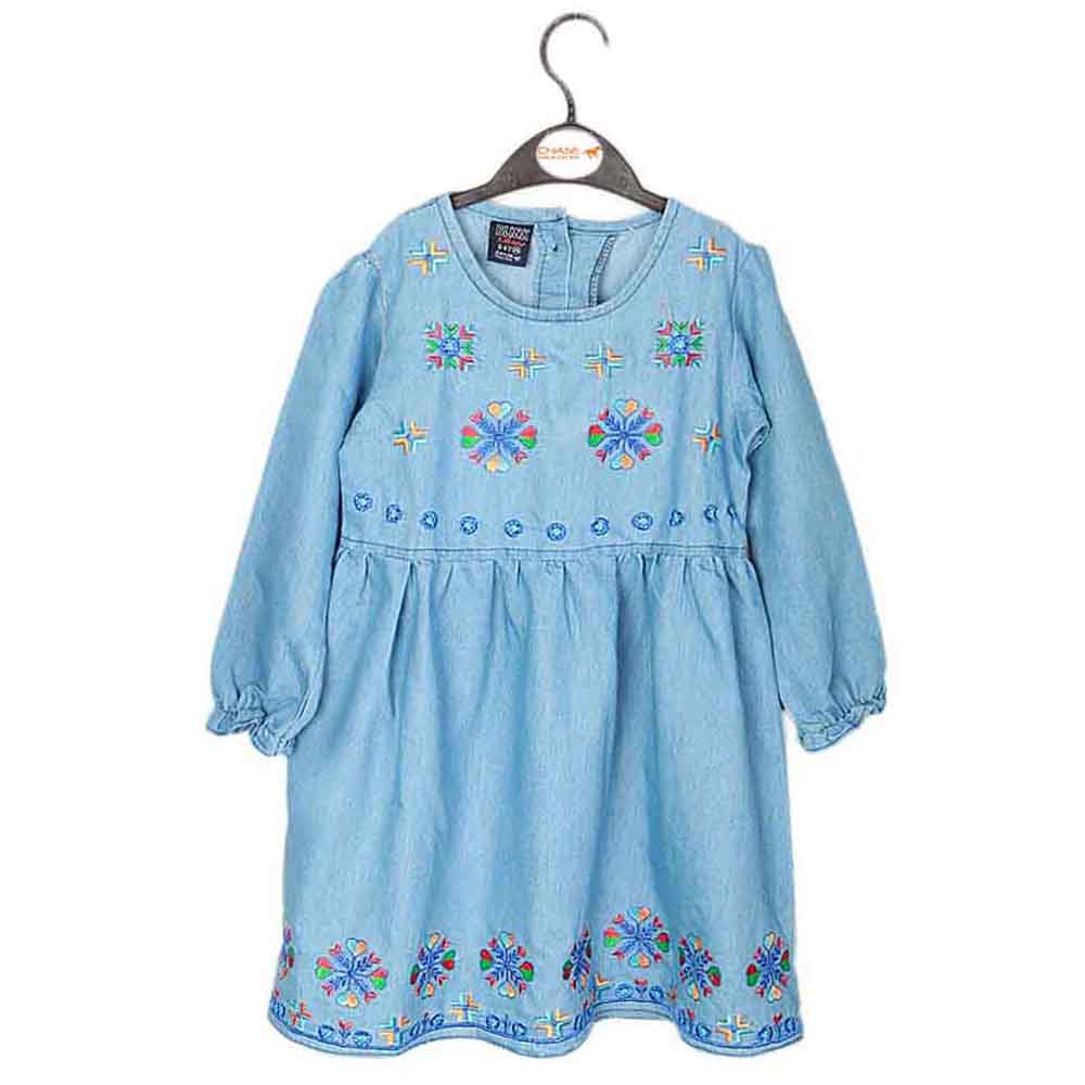 Girls Embroidered Denim Frock - Light Blue, Kids, Girls Kurti, Chase Value, Chase Value
