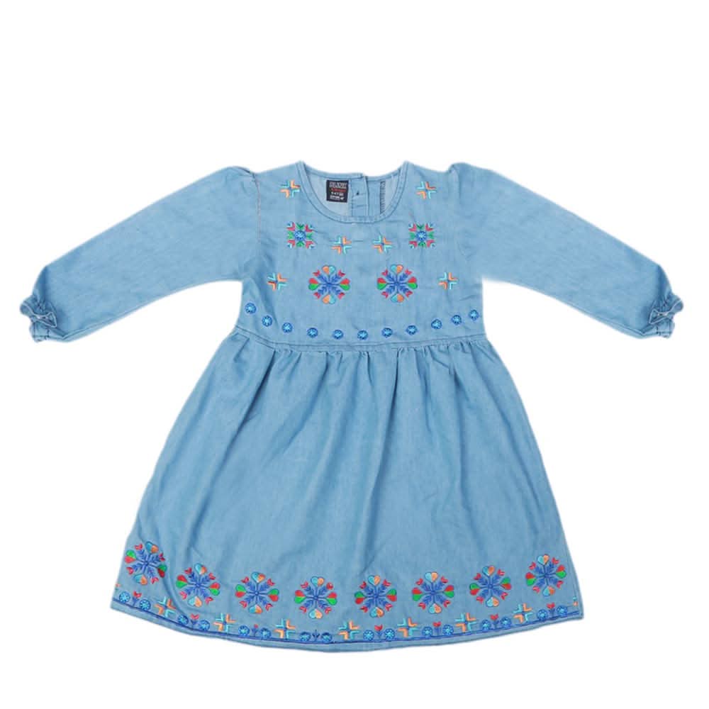Girls Embroidered Denim Frock - Light Blue, Kids, Girls Kurti, Chase Value, Chase Value