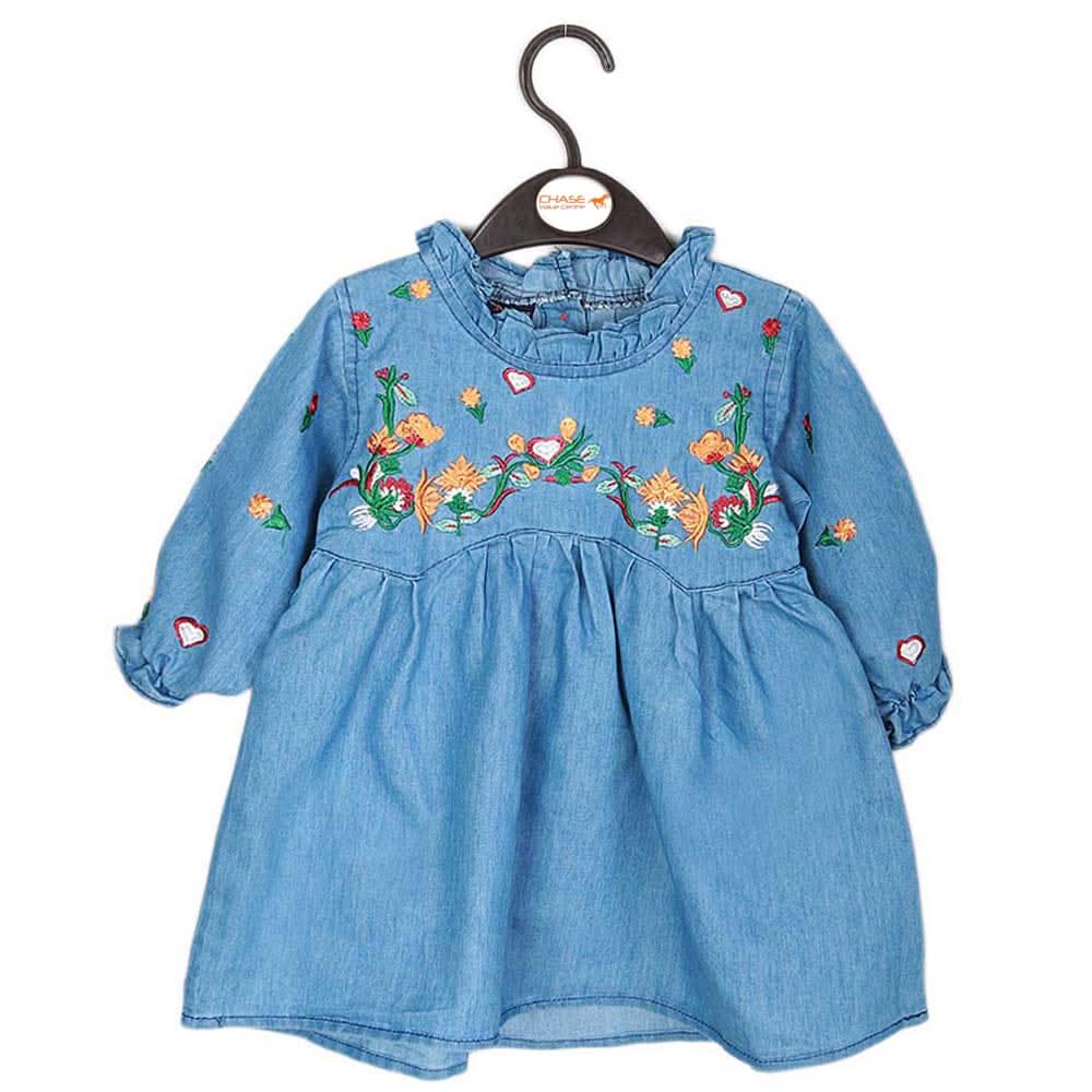 Girls Embroidered Denim Frock - Light Blue, Kids, Girls Kurti, Chase Value, Chase Value
