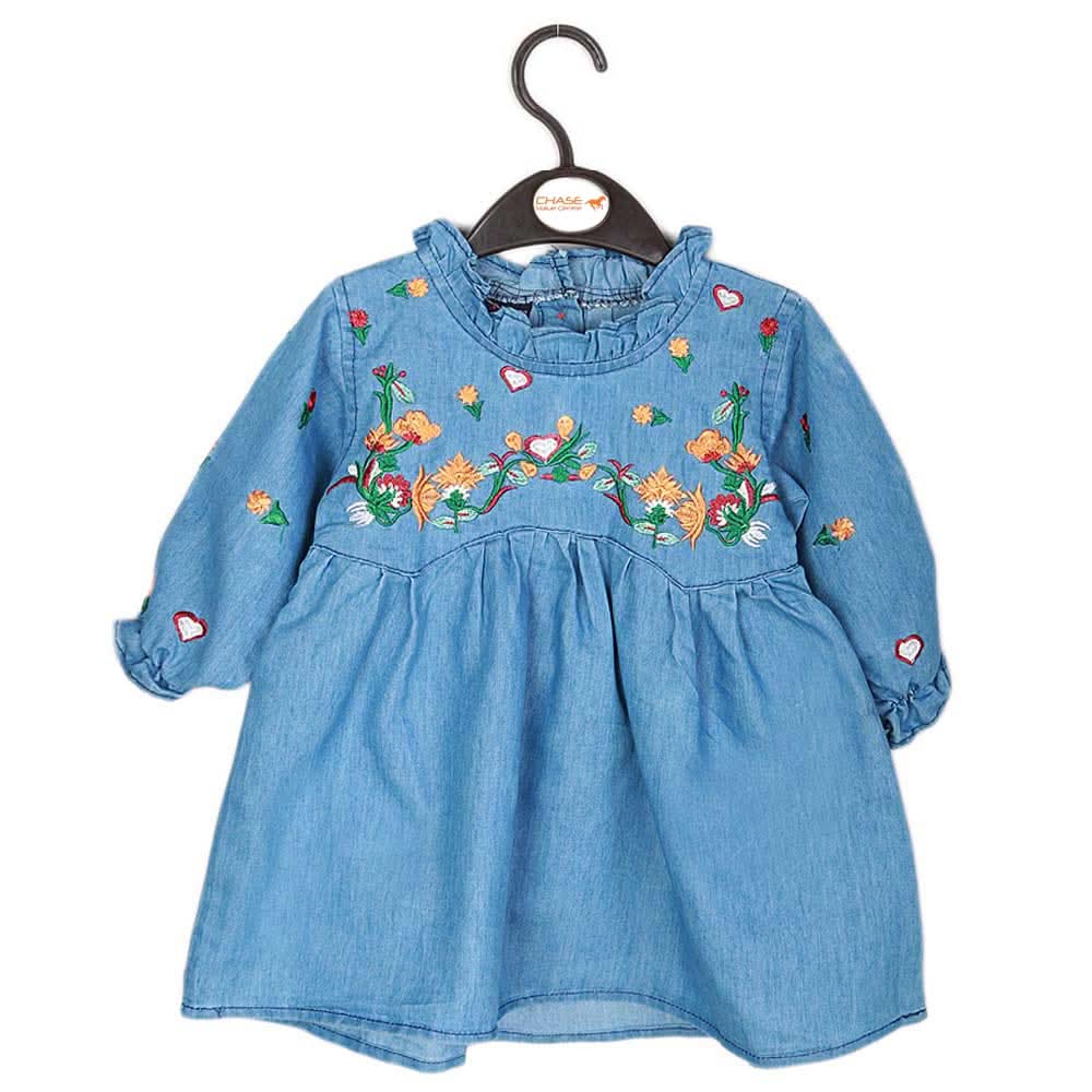 Girls Embroidered Denim Frock - Light Blue, Kids, Girls Kurti, Chase Value, Chase Value
